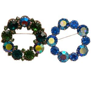 Vintage AB Rhinestone Green & Blue Gold Tone Wreath Circle Brooches